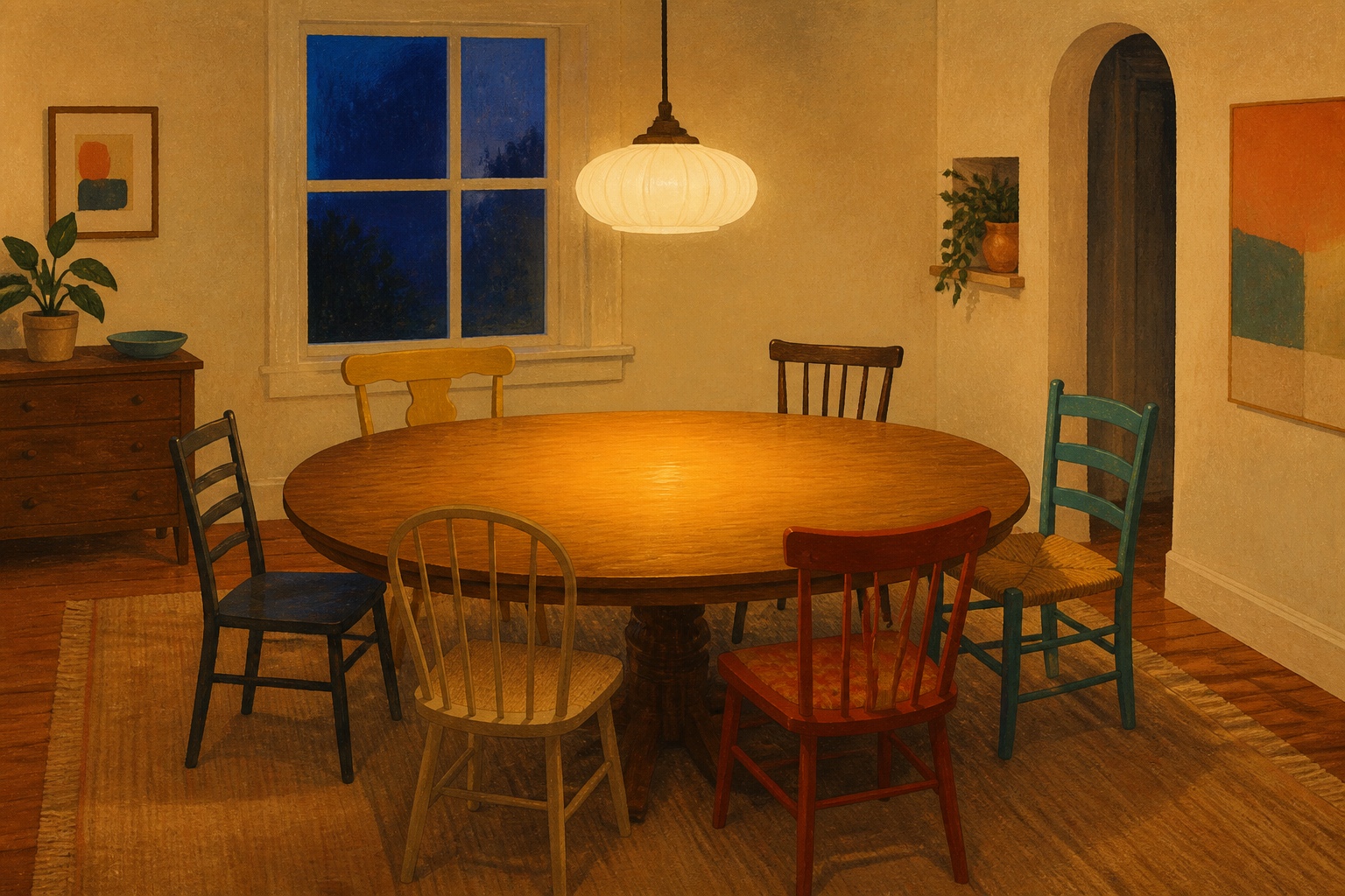 Six mismatched chairs wait around a warm oval wooden table beneath a milk-glass lamp at blue hour.